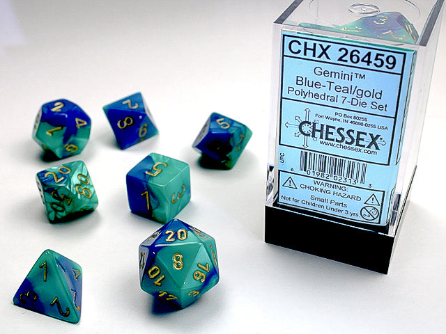 7PC Gemini: Blue-Teal w/ Gold Polyhedral Set - CHX26459 | All Aboard Games