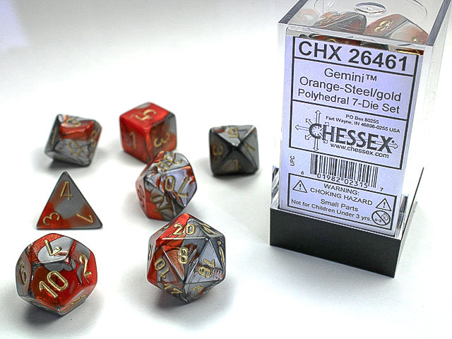 7PC Gemini: Orange-Steel w/ Gold Polyhedral Set - CHX26461 | All Aboard Games