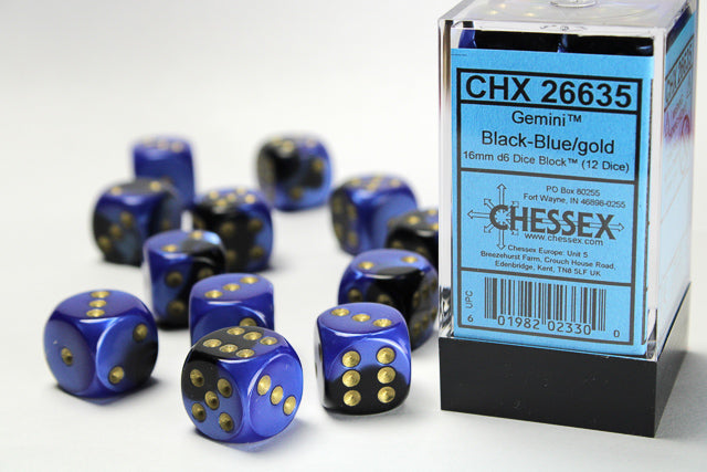16mm d6 cube - Gemini: Black-Blue w/Gold - CHX26635 | All Aboard Games