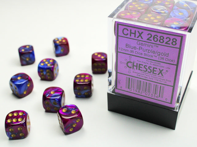 36pc Gemini Blue Purple w/ Gold 12mm d6 cube - CHX26828 | All Aboard Games