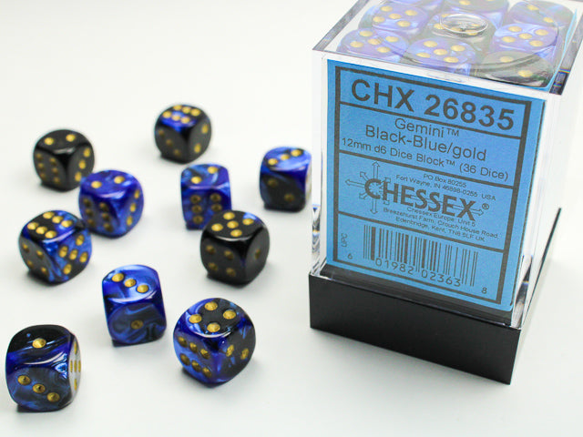 36pc Gemini Black Blue w/ Gold 12mm d6 cube - CHX26835 | All Aboard Games