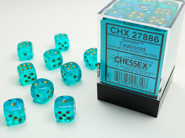 36pc Borealis Teal w/ Gold 12mm d6 cube - CHX27886 | All Aboard Games