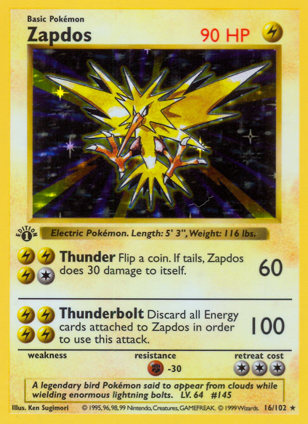 Zapdos (16/102) (Shadowless) [Base Set 1st Edition] | All Aboard Games