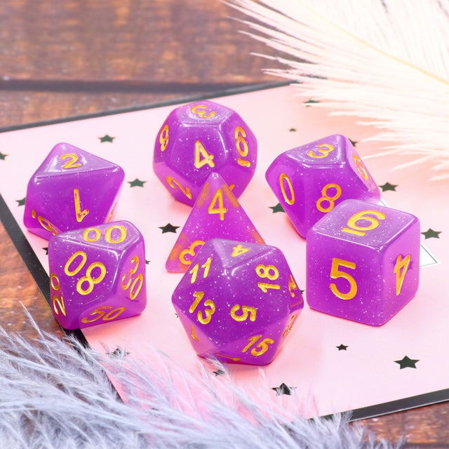 7pc Translucent Glitter Purple w/gold Polyhedral Set - HDTG06 | All Aboard Games