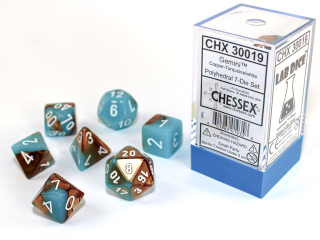 7pc Gemini Copper-Turqoise w/ White Polyhedral Set - CHX30019 | All Aboard Games