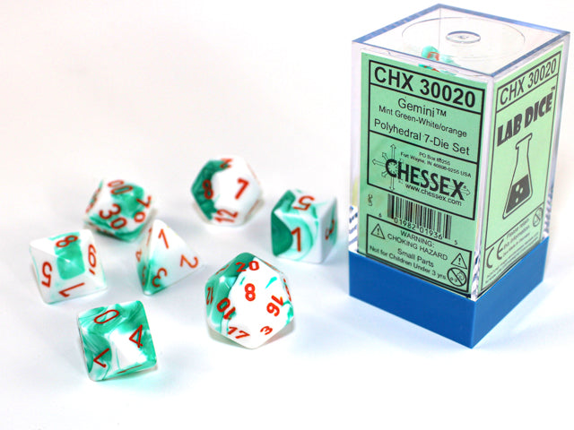 7pc Gemini Mint Green-White w/ Orange Polyhedral Set - CHX30020 | All Aboard Games