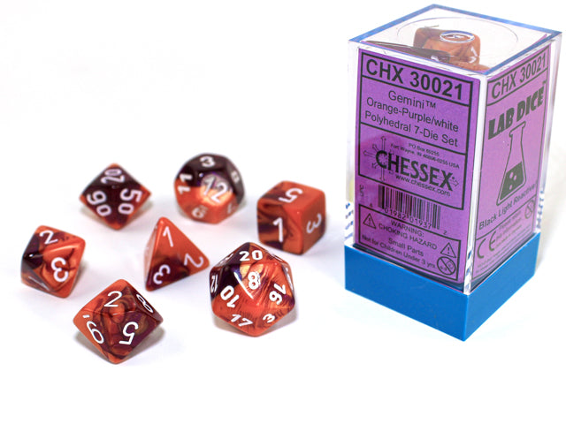 7pc Gemini Orange-Purple w/ White Polyhedral Set - CHX30021 | All Aboard Games