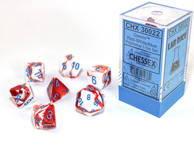 7pc Gemini Red-White w/ Blue Polyhedral Set - CHX30022 | All Aboard Games