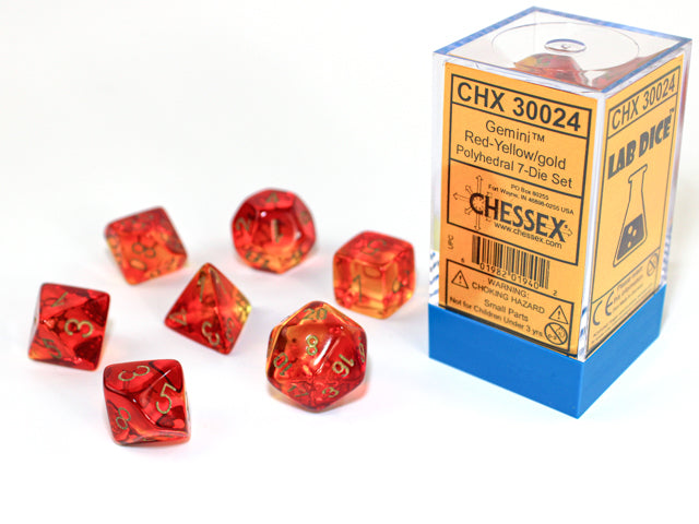 7pc Gemini Translucent Red-Yellow w/ Gold Polyhedral Set - CHX30024 | All Aboard Games