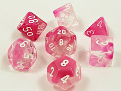 7pc Gemini Clear-Pink w/ White Luminary Polyhedral Set - CHX30042 | All Aboard Games