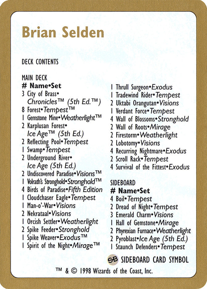 Brian Selden Decklist [World Championship Decks 1998] | All Aboard Games