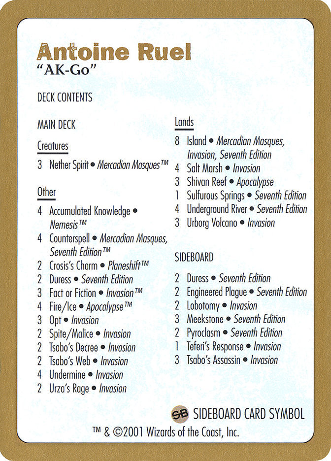 Antoine Ruel Decklist [World Championship Decks 2001] | All Aboard Games