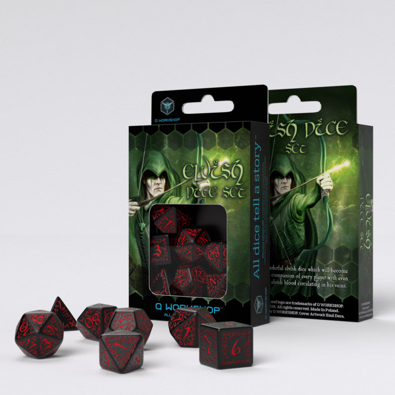 7pc Elvish: Black w/ Red Polyhedral Set | All Aboard Games