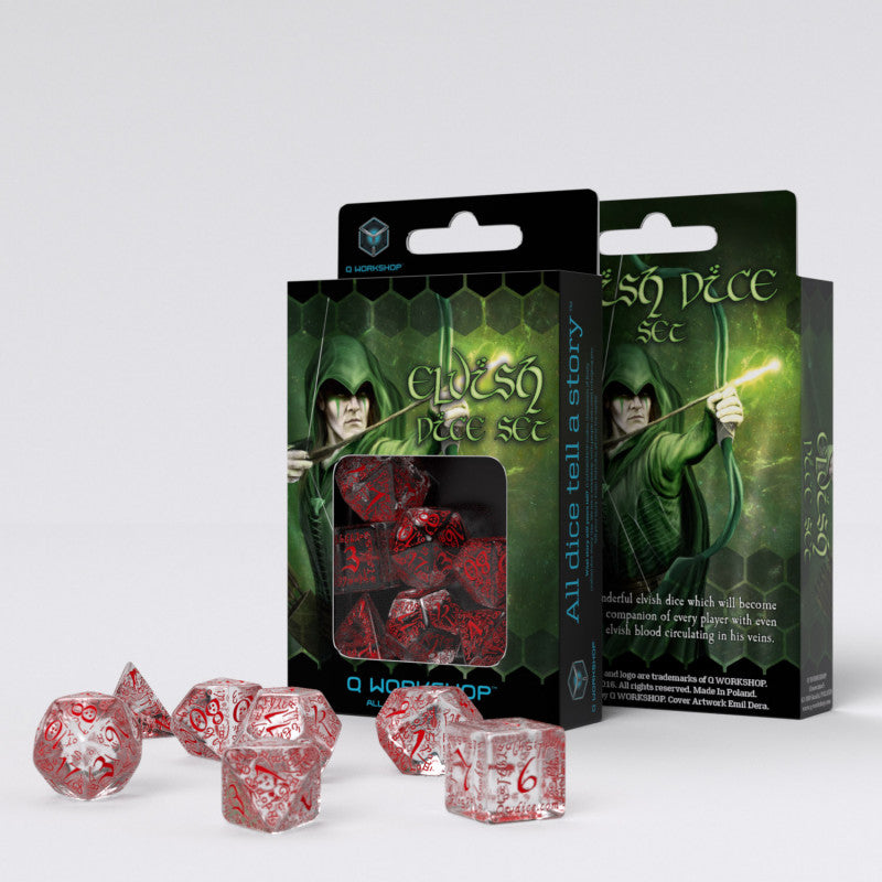 7pc Elvish Translucent White w/ Red Polyhedral Set | All Aboard Games
