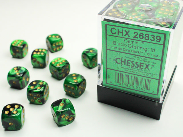 36pc Gemini Black-Green w/ Gold 12mm d6 cube - CHX26839 | All Aboard Games