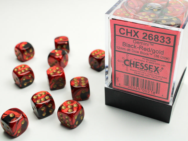 36pc Gemini Black-Red w/ Gold 12mm d6 cube - CHX26833 | All Aboard Games