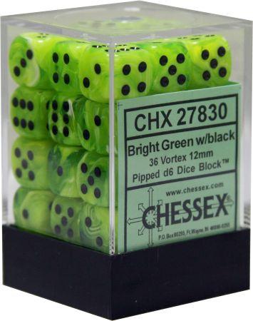 36pc Vortex Bright Green w/ Black 12mm d6 cube - CHX27830 | All Aboard Games